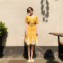 Korean version of Super fairy first love skirt 2020 Summer new style playful high waist two piece pleated fishtail dress