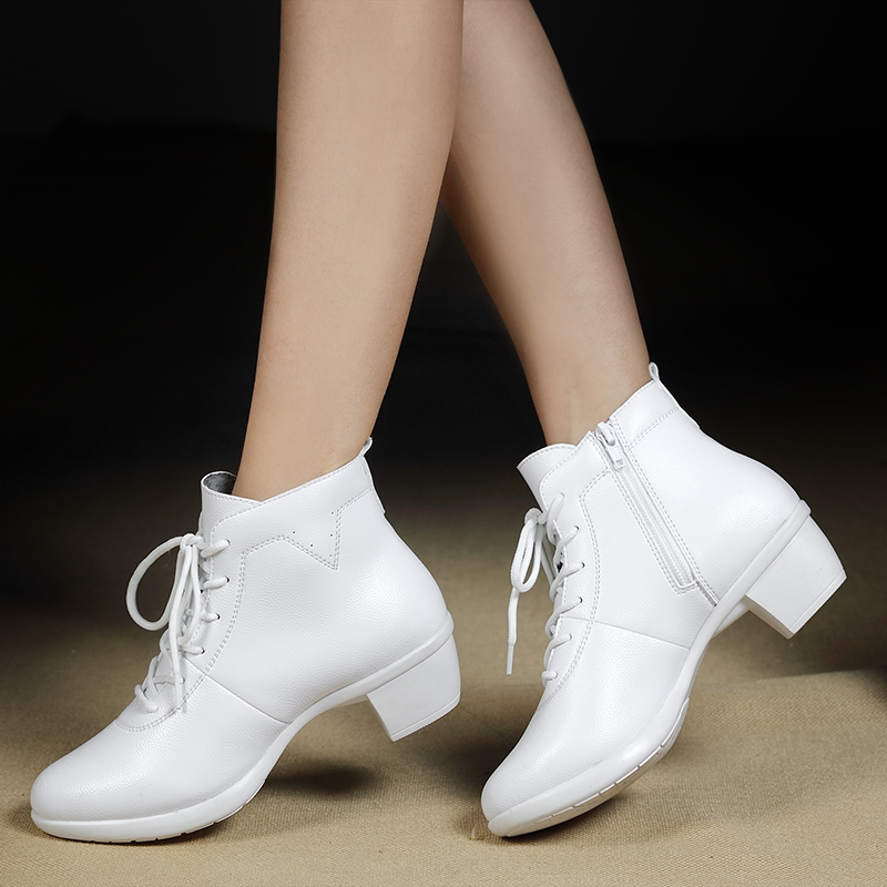 Allaway Winter Dance Shoes Woman Real Leather Soft Bottom Square Dance Shoes White Water Soldiers Dance Shoes With Jazz Dancing Shoes