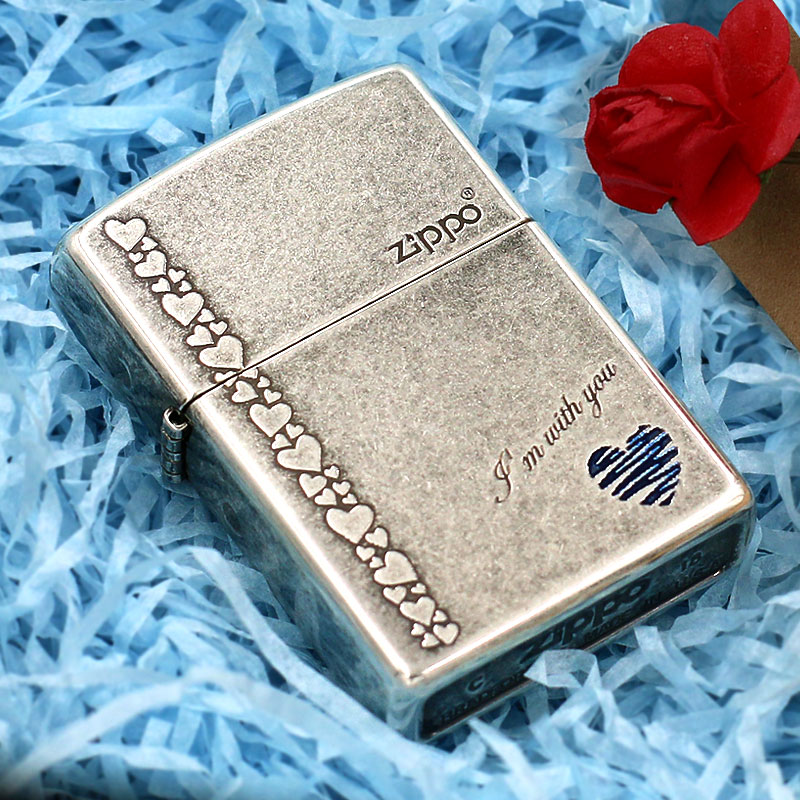 Lighter zippo genuine ancient silver blue heart windproof limited collection kerosene men love Valentine's Day