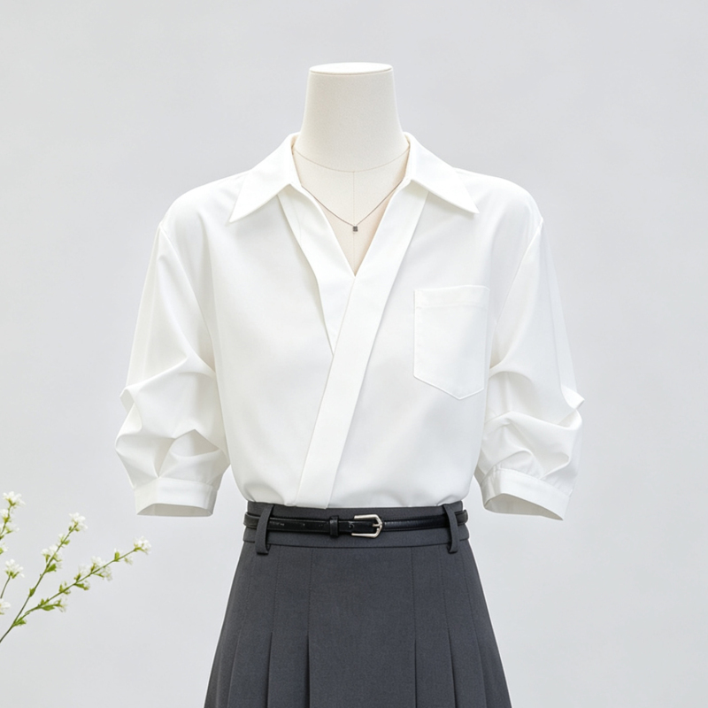 White Shirt for Women, Summer 2026 New Style, Professional Outfit Set, Interview Wear, Commuting Business Top, V-Neck Shirt White Shirt for Women, Summer 2026 New Style, Professional Outfit Set, Interview Wear, Commuting Business Top, V-Neck Shirt
