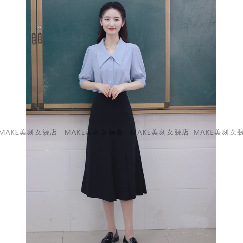 Short-Sleeved Blue Shirt for Women, Summer Professional Attire, Interview Suit for Teachers, Civil Servant Clothing, Teacher Outfit