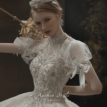 Lo God wedding dress 2022 new bridal style palace rework high-end luxury temperament bubble sleeves big tug tail