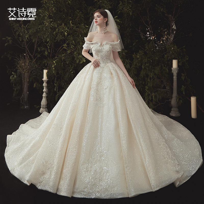 2021 new bride French word shoulder heavy industry court style wedding dress high-end temperament thin high-end sense of trailing summer