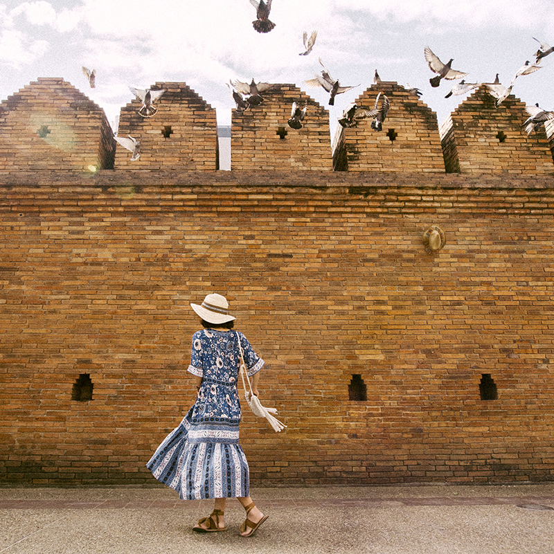 West Biennale Tourism Wear Hitchhiking Bohemian Ethnic Wind Blue Crummy Floral Dress Grand Dress Swing Holiday Wind Long Skirt