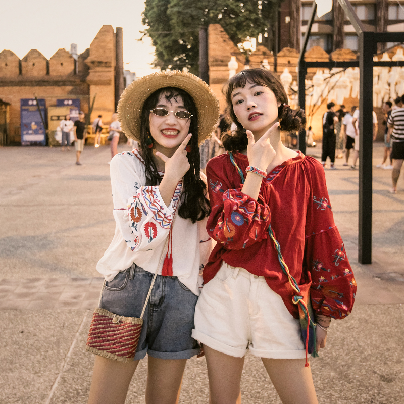 Thai Holiday Travel Clothes Out of BFF Dress West Double Version Na National Wind Long Sleeve Shirt Loose Embroidered Blouse