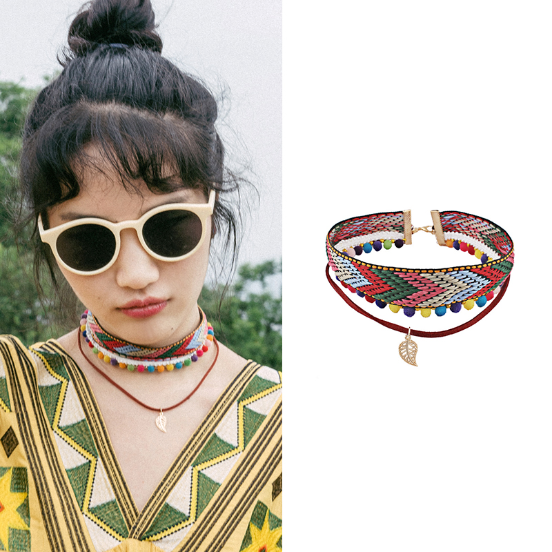 Bohemian Short Money Chain Ethnic Wind Lock Bone Chain Colored Weave Neckline Embroidered Hair Ball Fluke Pendant