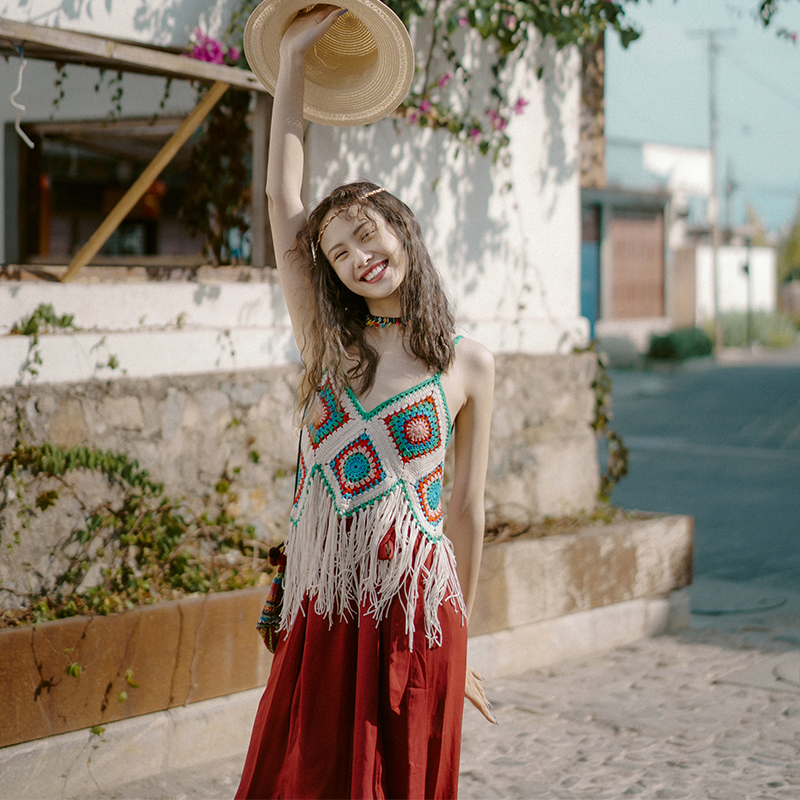 Dream of the horse ethnic style suspender vacation with bohemian fringed vest cutout cutout short summer