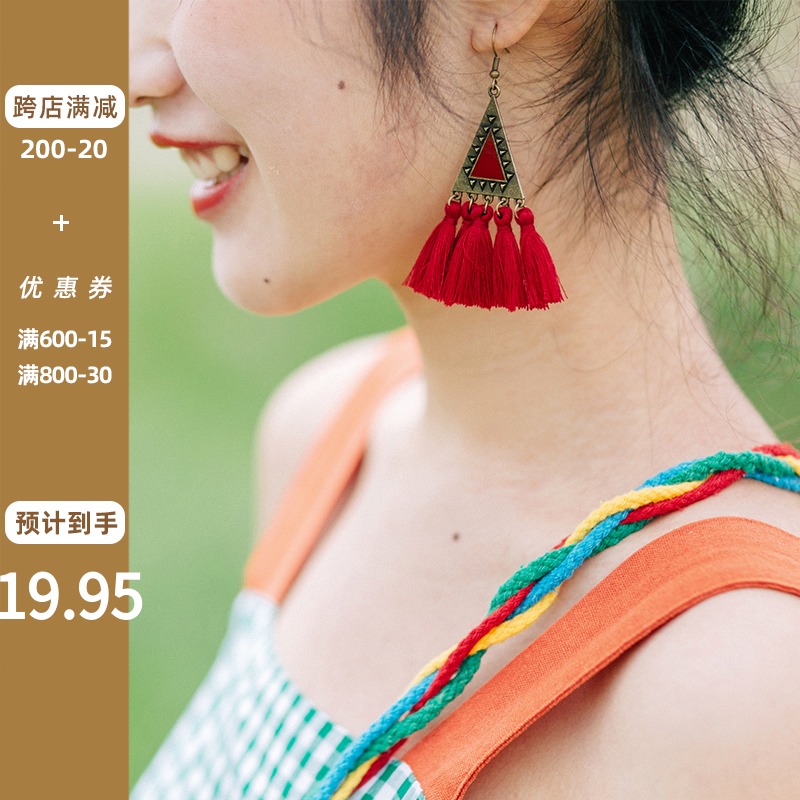 2021 new retro ethnic wind long version tassel red earrings female high-class sense niche thin summer earrings