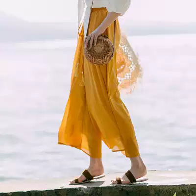 Fall feeling wide leg pants thin foreign pie nine-minute spring and summer chiffon trousers elastic waist vertical sense wide leg pants women's beach pants