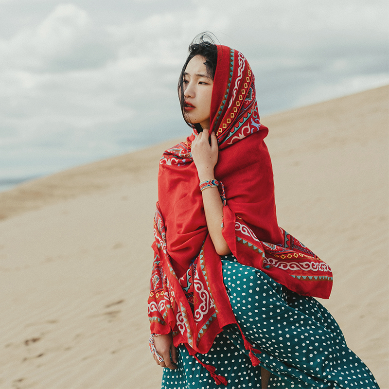 Great Northwest travel photo red sunscreen shawl female desert travel clothes Ethnic wind thin scarf silk scarf