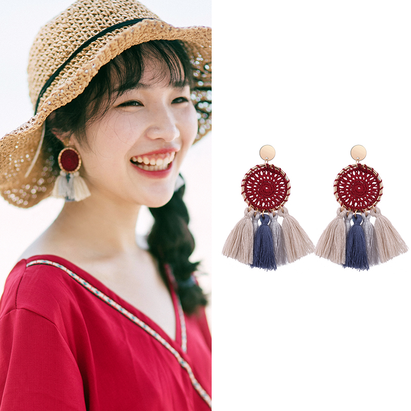 Dream's Horse Seaside Holiday Accessories Bohemian Tassel Earrings Pope Ethnic Round Earrings Joker Red