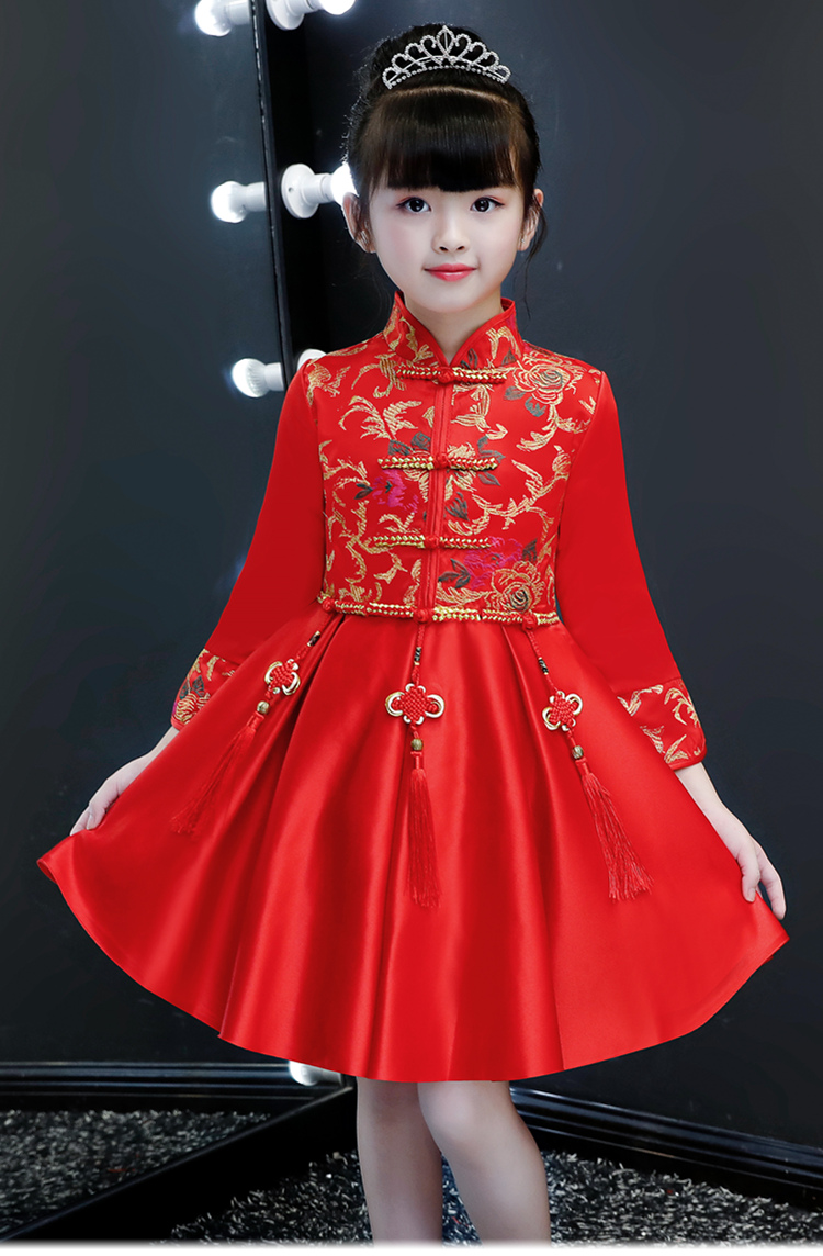 Quần áo trẻ em nữ mùa thu và mùa đông trẻ em nước ngoài ăn mặc kiểu Trung Quốc dài tay cô gái sườn xám đỏ trẻ em váy hoa quần áo bé trai đẹp nhất