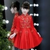 Năm mới bé gái phong cách Trung Quốc trẻ em màu đỏ Trung Quốc váy cô gái hoa cộng với váy nhung công chúa cô bé trang phục sườn xám - Váy trẻ em