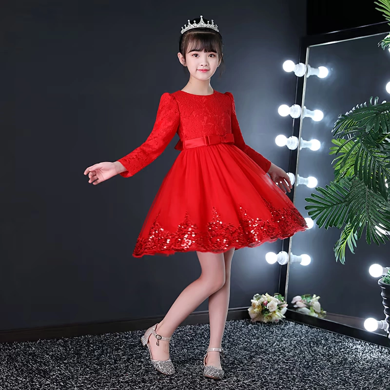 Cô gái dài tay váy trẻ em váy công chúa váy cưới mùa thu đông váy cô gái nhỏ hoa cô gái trang phục sinh nhật - Váy trẻ em