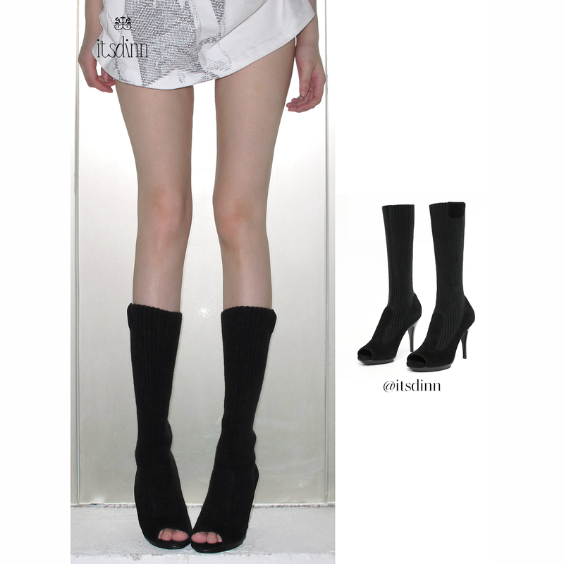 Itsdinn Mid-Calf Open-Toe Fish-Mouth Shoes, Knitted Straight Boots, Black Suede Boots, Stiletto High Heels Itsdinn Mid-Calf Open-Toe Fish-Mouth Shoes, Knitted Straight Boots, Black Suede Boots, Stiletto High Heels