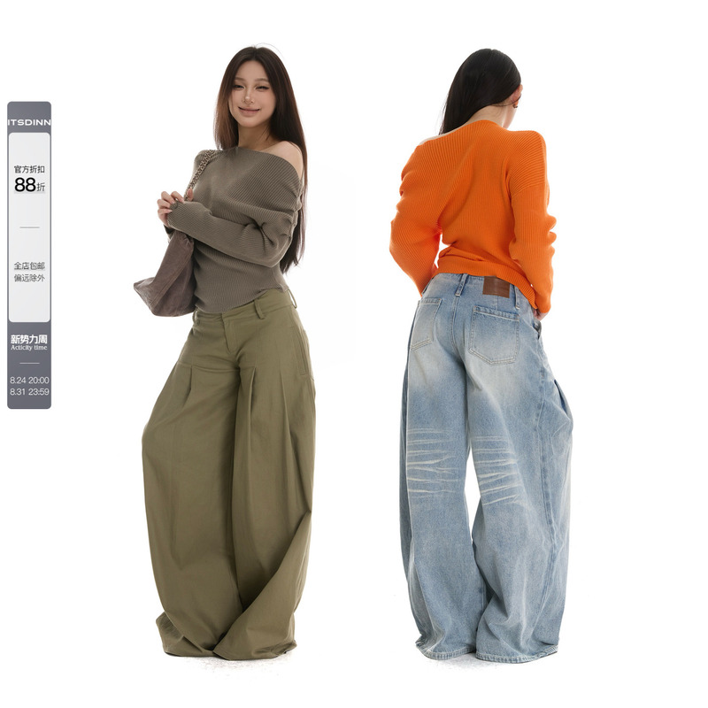 Itsdinn Two-Tone Asymmetrical Shoulder Vertical Texture Knit Sweater with Irregular Pleated Waist Pullover Sweater for Women