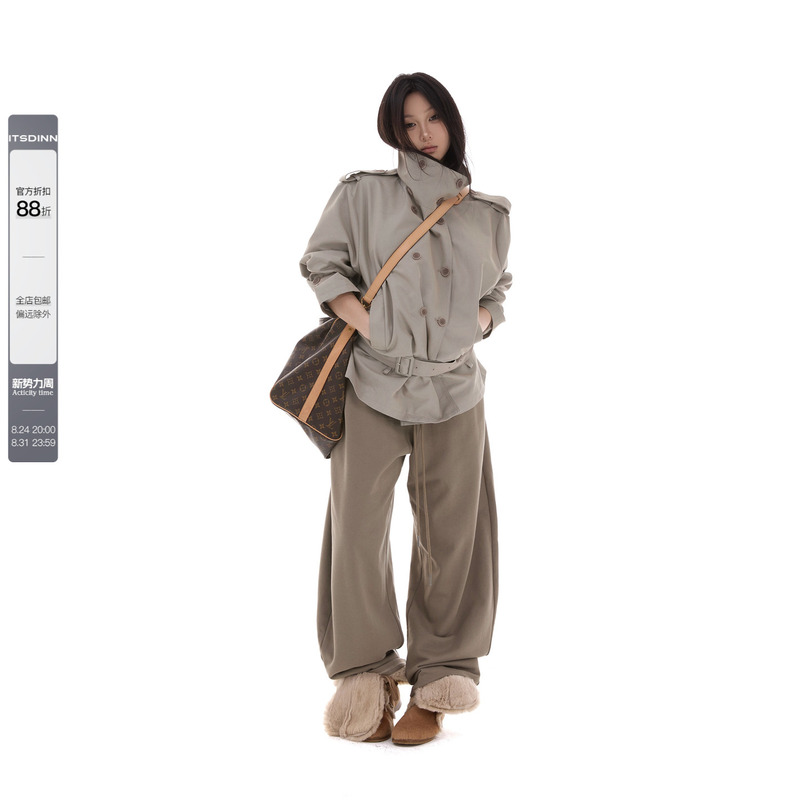 Itsdinn【Authentic】Soft Silhouette Lake Gray Loose Stand Collar Short Trench Coat for Women