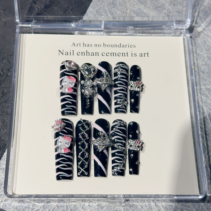 Hand-Painted Leopard Print 4.3 Extra-Long Water Pipe Square Kt Rhinestone Style Hand-Painted Zebra Print Black and Pink Hot Girl Nail Art