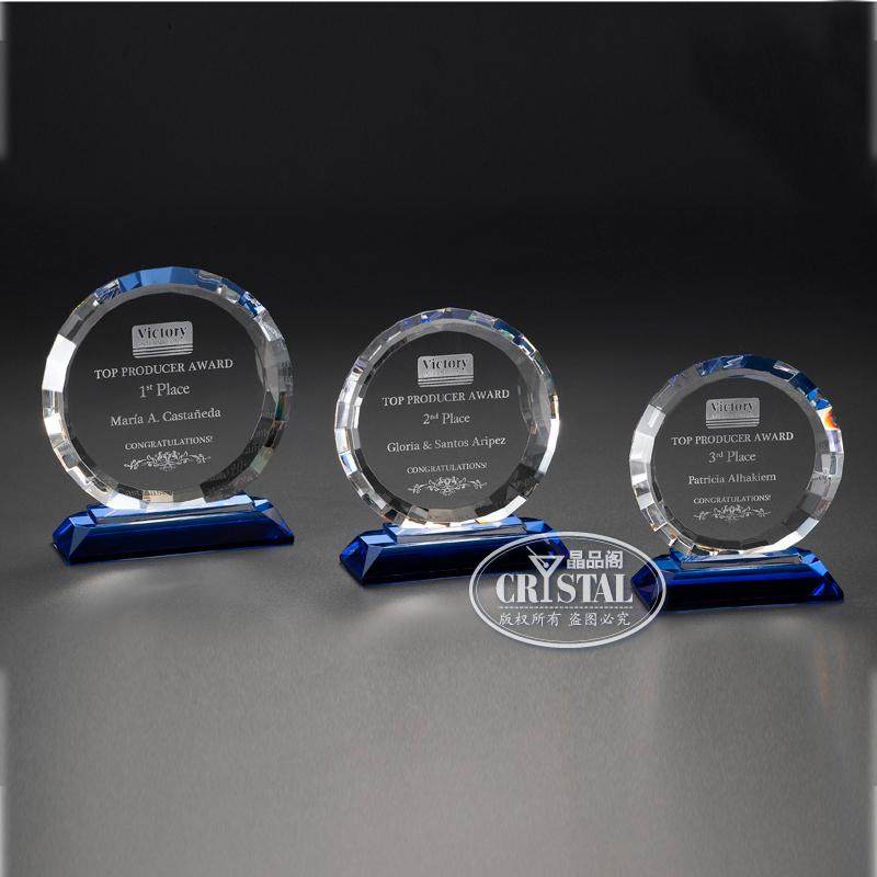 Crystal Polenta Crystal Round Carved Face Trophy Blue Base Medal With Laser Inner Sculpture Award Winning Contest