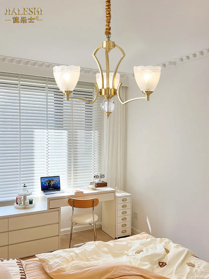 New American-Style All-Copper Chandelier for Living Room, Simple Retro Dining Room and Study Lamp, French-Style Light Luxury Bedroom Chandelier