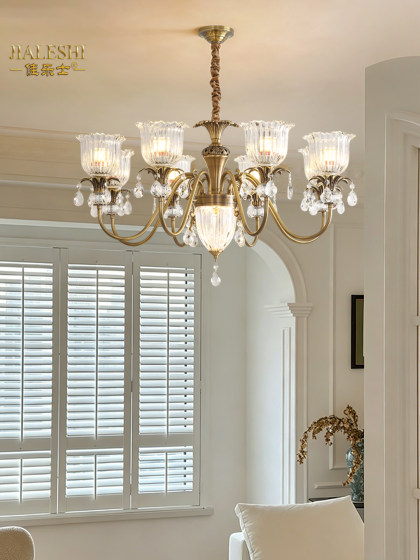 New American-Style All-Copper Chandelier for Living Room, French-Style Minimalist Dining Room Light, European-Style Vintage Bedroom Light Luxury Chandelier