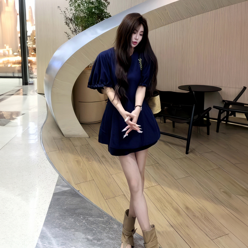 Korean Style New Summer Gentle Style Two-Piece Set Round Neck Puff Sleeve Waist-Cinching Top + Regular Waist Short Skirt Set for Women Korean Style New Summer Gentle Style Two-Piece Set Round Neck Puff Sleeve Waist-Cinching Top + Regular Waist Short Skirt Set for Women