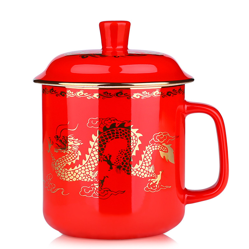 China Red Porcelain Tea Cup With Lid Wedding Gift New Wedding Gift Ceramic Cup Festive Wedding Banquet Toast Custom LG
