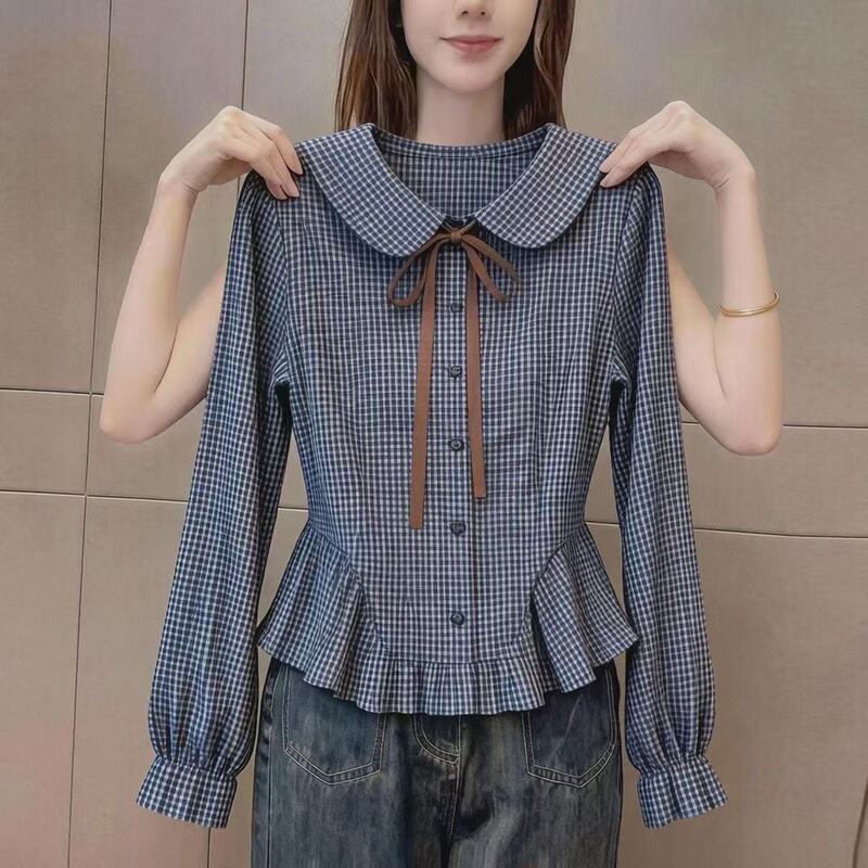 This Year's Popular Light-Mature Style Plaid Doll Collar Bow Long-Sleeve Shirt for Women with a Versatile Design