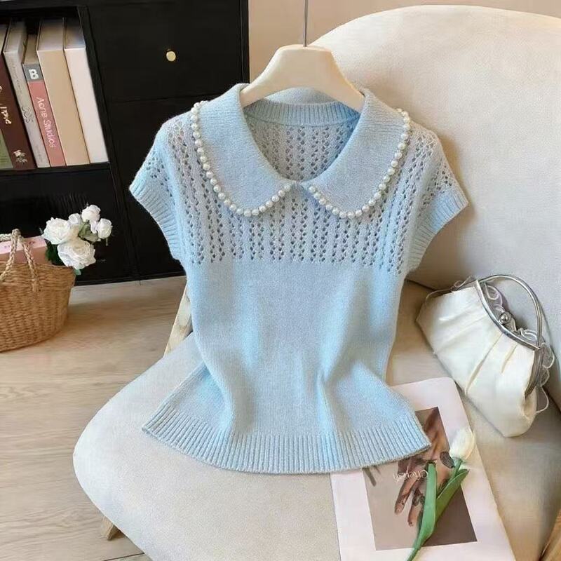 This Year's Trendy Gentle Style Pearl Doll Collar Blue Knit Short-Sleeve Women's Hollow-Out Slimming Elegant Top