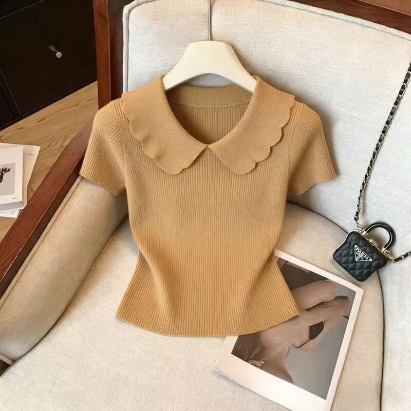 This Year's Popular Gentle Style Doll Collar Short-Sleeved Unique Knit Sweater T-Shirt for Women, Slim Fit, Short Top, Trendy This Year's Popular Gentle Style Doll Collar Short-Sleeved Unique Knit Sweater T-Shirt for Women, Slim Fit, Short Top, Trendy