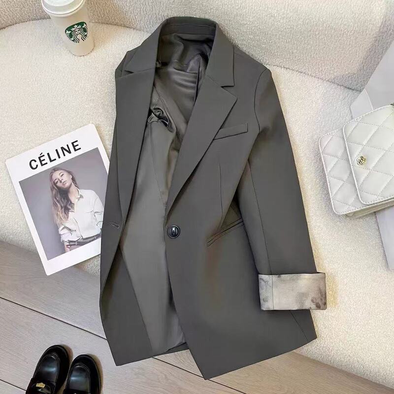 This Year's Popular Gray Patchwork Blazer, Korean Style, Petite, Casual, Loose, Elegant, High-End Suit Trend