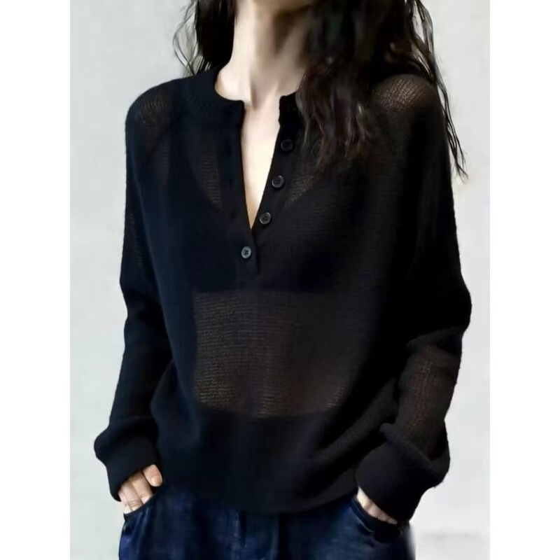 This Year's Popular Korean-Style Black Knit Long-Sleeve Women's Semi-Sheer Button-Up Half-Open Collar Sun Protection Cover-Up Versatile Top
