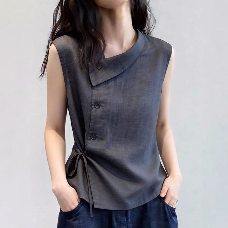 This Year's Popular Light-Mature Style Gray Sleeveless Shirt for Women with a Tie to Cinch the Waist, Slimming, Elegant and High-End Feel This Year's Popular Light-Mature Style Gray Sleeveless Shirt for Women with a Tie to Cinch the Waist, Slimming, Elegant and High-End Feel