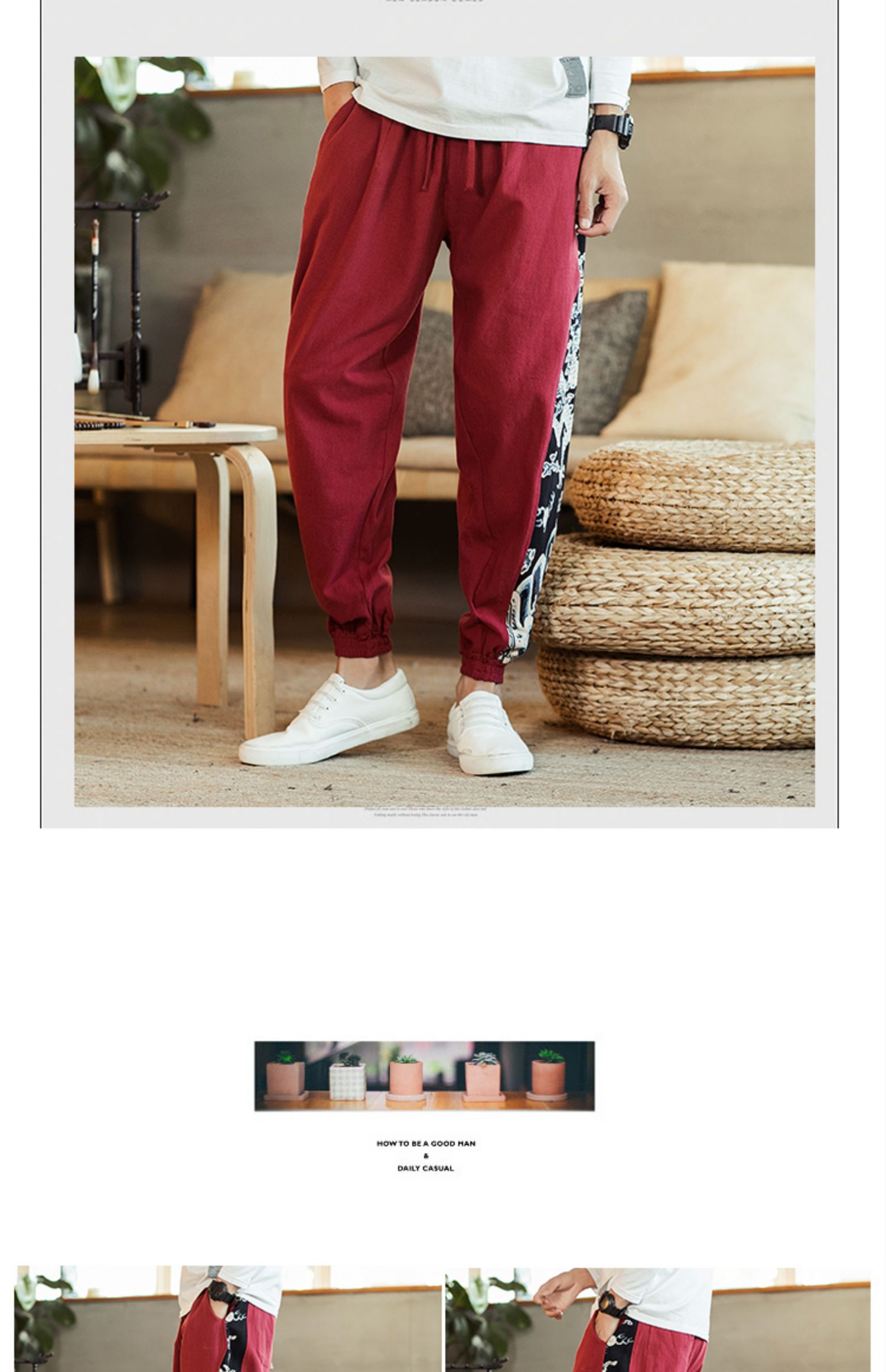 Description Picture 4 of itemMen's Cotton and Linen Printed Leggings Trousers Chinese Retro Harem Lace Jogging Pants Men's Sports Fitness Hip-hop Pants