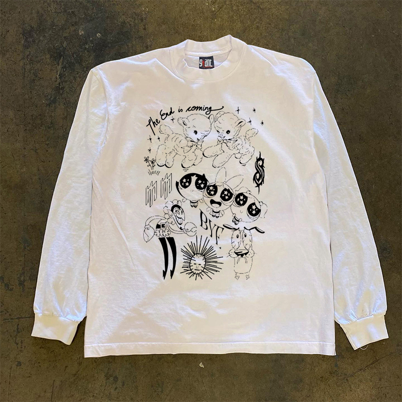 Buettiker 300g Heavyweight Pure Cotton American-Style Cartoon Anime Character Little Policewoman Print Long-Sleeve T-Shirt Trendy