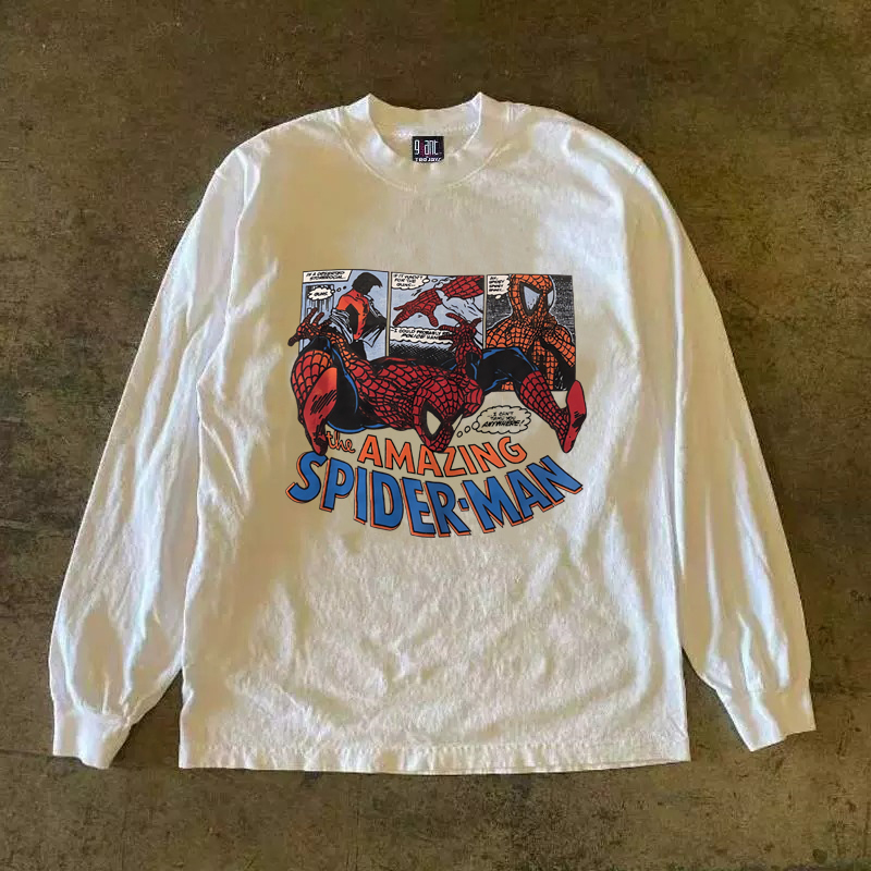 Buettiker 310g Heavyweight Pure Cotton 2025 American-Style Anime Spider-Man Printed Long-Sleeve T-Shirt Top Trendy