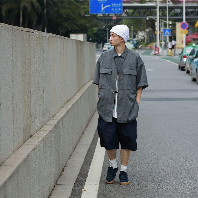 PIN SKTBS Spring/Summer New CityBoy Style Heavy Shirt Loose Japanese Solid Color Texture