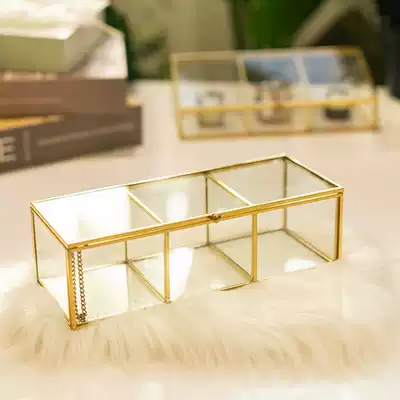 Pure copper 3 grid glass box Nordic makeup brush ins jewelry box ornaments beauty brush storage box soft decoration