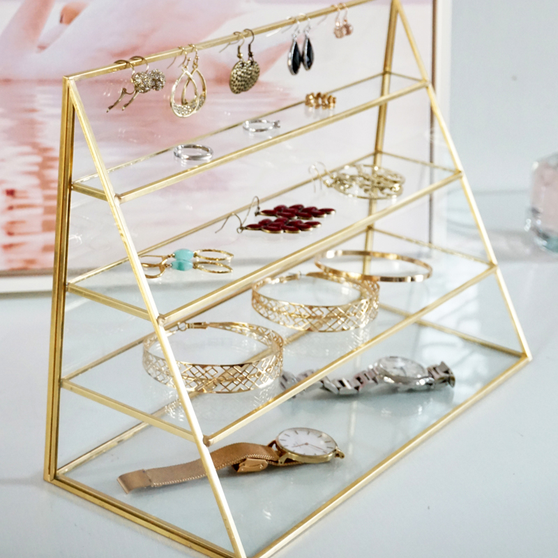 Nordic ins brass glass three-layer four-layer jewelry rack bracelet earring jewelry storage counter trapezoidal display stand