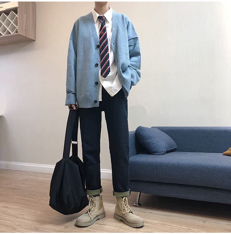 LES đẹp trai T Lin đan áo len dệt kim nam và nữ oversized áo khoác hàn quốc V-cổ gió áo len đôi mùa thu thời trang công sở nam