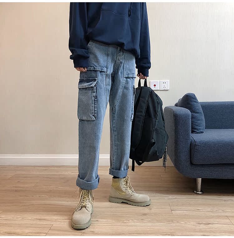 LES đẹp trai T Lin Bend Korea Ami jeans quần jean kiểu quân đội giản dị túi lớn quần yếm nam và nữ quần ống suông nam