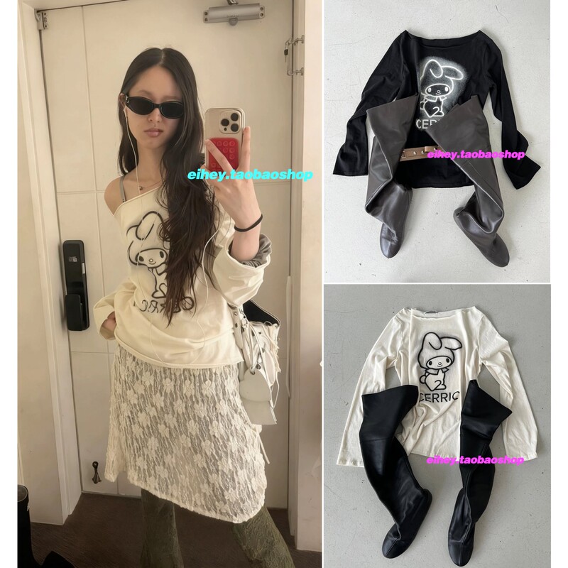 Eihey 26 Early Spring My Melody Collaboration Cartoon Print U-Neck Off-Shoulder Sexy Long-Sleeve Top T-Shirt for Women Eihey 26 Early Spring My Melody Collaboration Cartoon Print U-Neck Off-Shoulder Sexy Long-Sleeve Top T-Shirt for Women