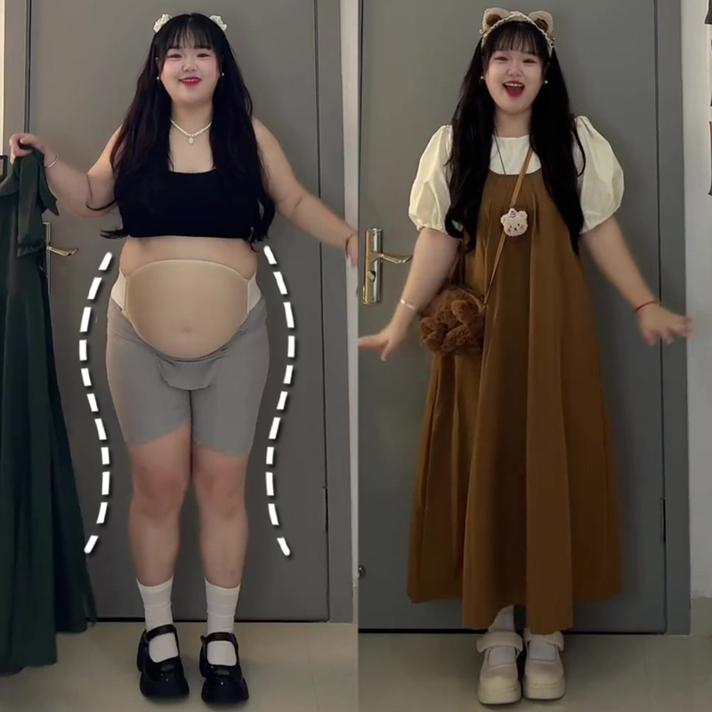 College Style Sweet Girl Suspender Dress Women's Summer Two-Piece Set Plus Size Slightly Chubby mm Large Size Covers the Body and Looks Slimming Set