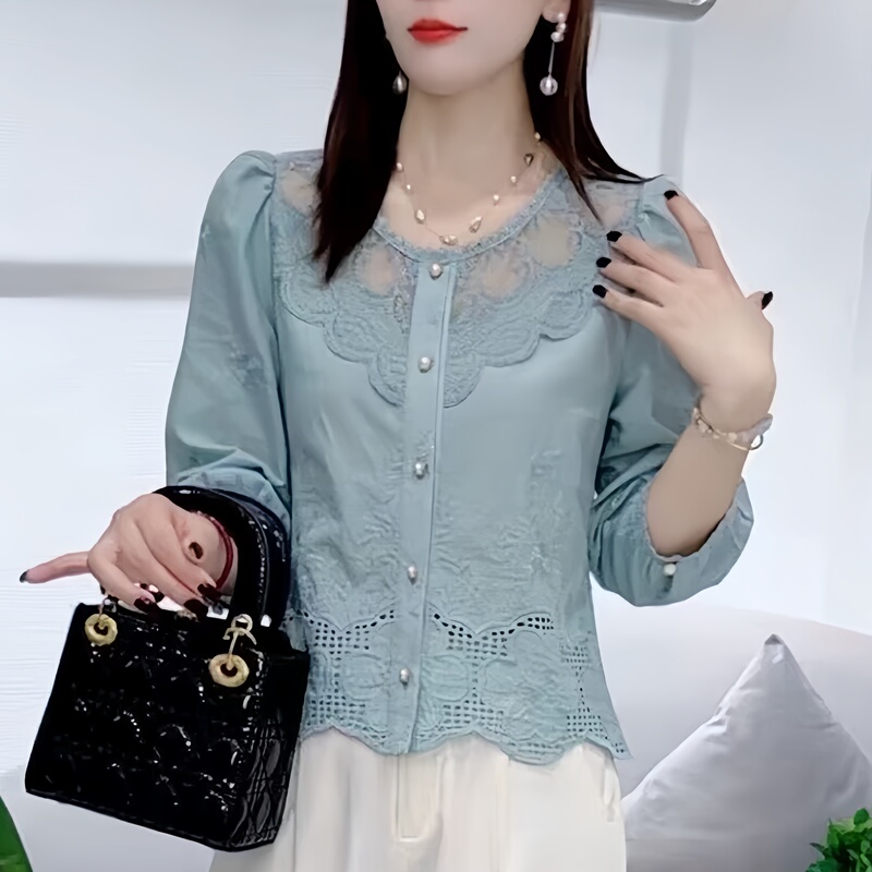 100% Pure Cotton Plus-Size Heavy Lace Trim Age-Reducing Shirt 2025 Autumn Elegant Top with a Refined Feel