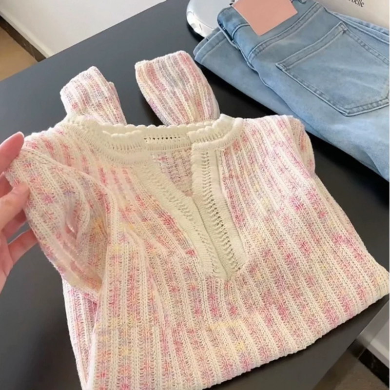 Korean Style Early Spring Color-Blocked Chanel-Style Hollow-Out Knit Top, High-End Fashion Versatile Blouse, 2026 New Model Korean Style Early Spring Color-Blocked Chanel-Style Hollow-Out Knit Top, High-End Fashion Versatile Blouse, 2026 New Model