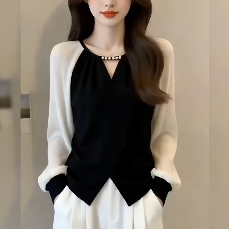 Plus Size Chanel Style 100kg Tummy-Covering Off-Shoulder Chiffon Shirt 2026 Spring and Autumn Elegant Long-Sleeve Base Shirt for Women