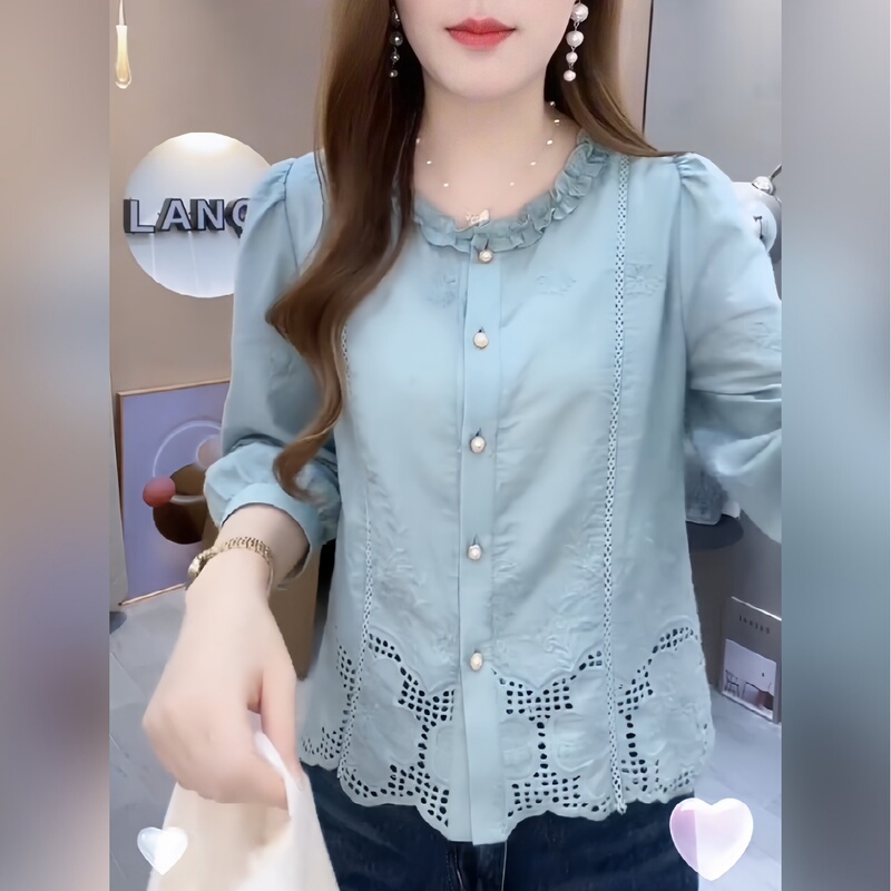 100% Pure Cotton Stylish Embroidered Crochet Hollow-Out Design Long-Sleeve Shirt 2025 Autumn Versatile and Exquisite Top