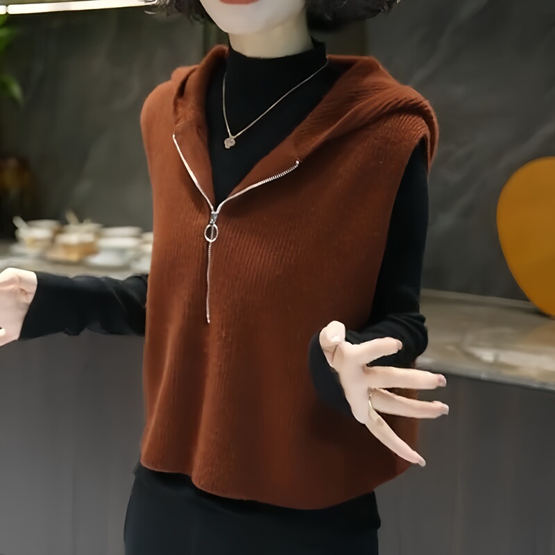 European High-End Fashion Age-Reducing Solid Color Sleeveless Knitted Vest with Hood Design Vest Top 2026 Autumn and Winter Style European High-End Fashion Age-Reducing Solid Color Sleeveless Knitted Vest with Hood Design Vest Top 2026 Autumn and Winter Style