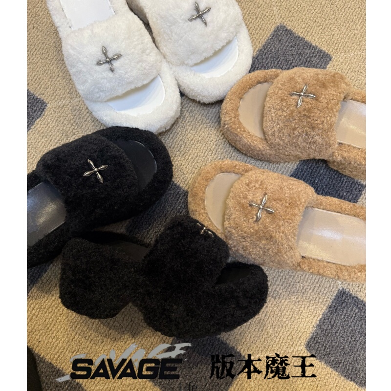 Savagelife Cross-Patterned Fur Integrated Statue High-Top Plush Slippers in Multiple Colors for Outdoor Wear in Autumn and Winter