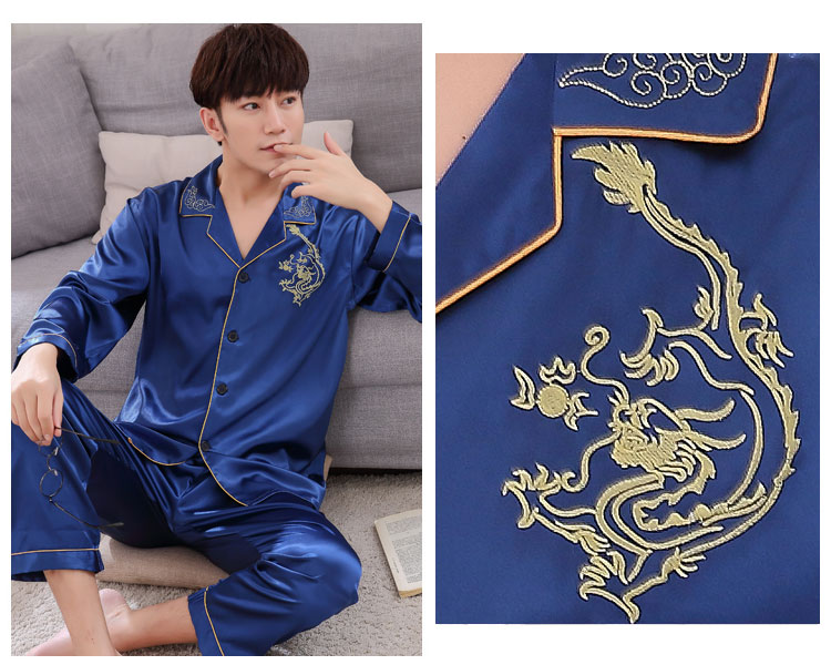 Bộ đồ ngủ bằng lụa dành cho nam phiên bản Hàn Quốc của mùa xuân và trung niên mùa xuân và mùa thu mỏng băng lụa phù hợp với mùa hè dịch vụ nhà dài tay màu rắn thời trang nữ cao cấp